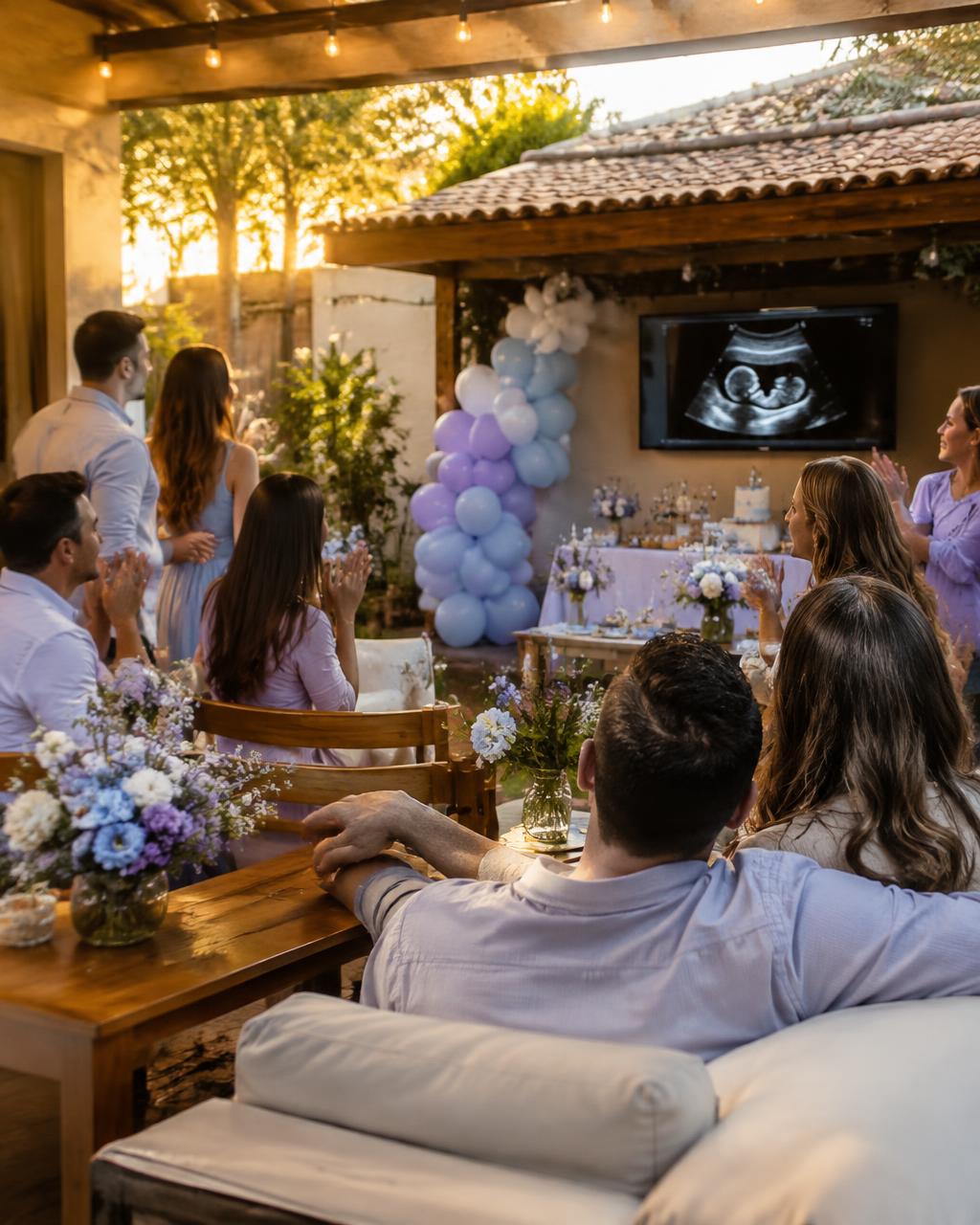 Convidados de um chá revelação assistindo ao ultrassom em uma TV no jardim