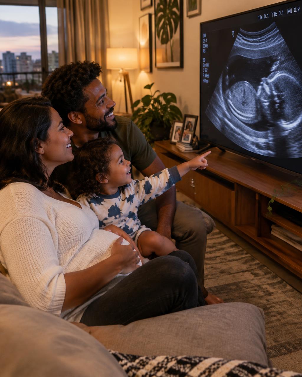 Família reunida apontando para o bebê na TV da sala